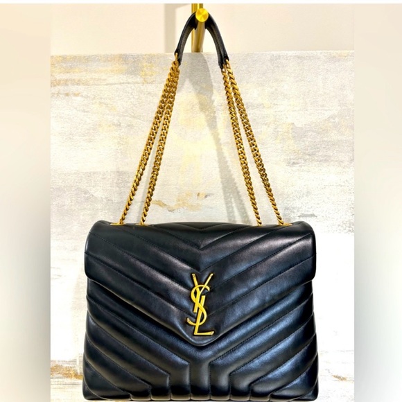 Yves Saint Laurent Handbags - YSL Saint Lauren Loulou Medium Quilted Chevron Bag Black/Gold
